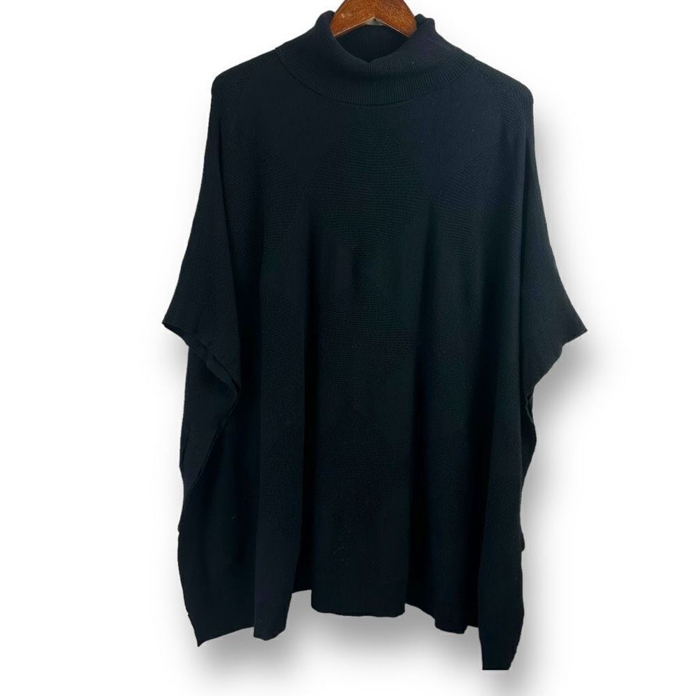 Alfani Women's Size M Turtleneck Poncho Sweater Black Checkered Ribbed Pullover